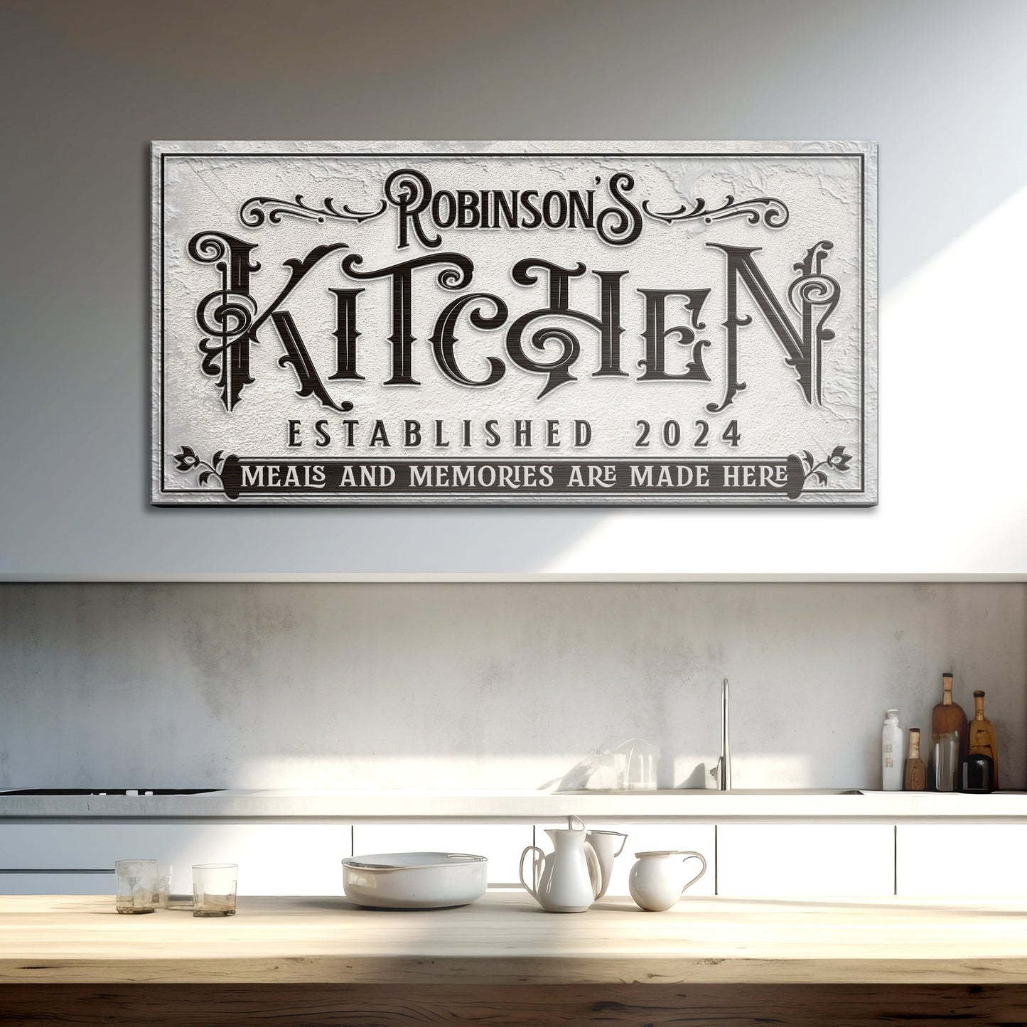 Kitchen Sign VI canvas by Tailored Canvases, textured gray panel with ornate embossed lettering on Tampa Home & Garden Store