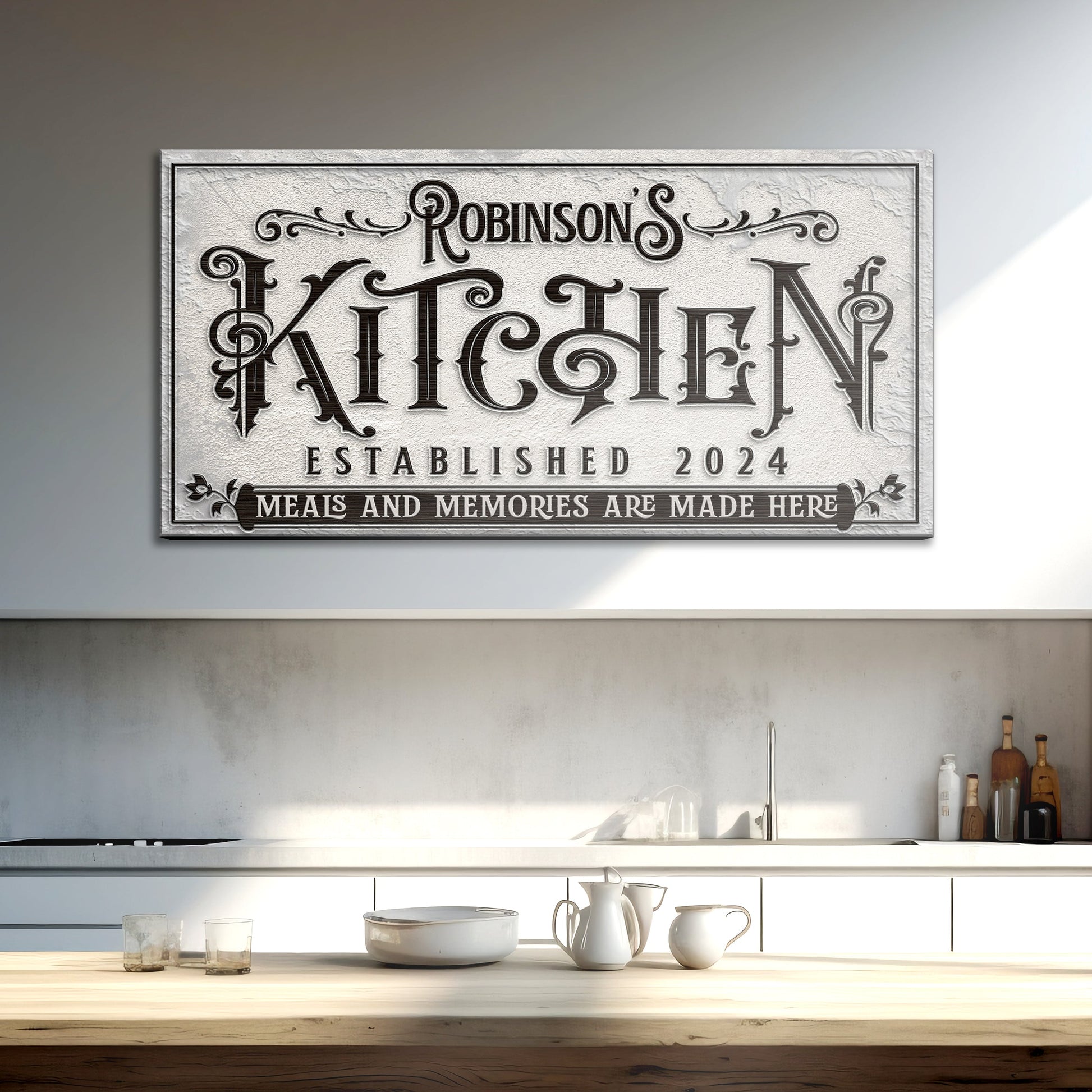 Kitchen Sign VI canvas by Tailored Canvases, textured gray panel with ornate embossed lettering on Tampa Home & Garden Store