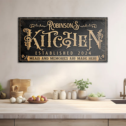 Kitchen Sign V canvas by Tailored Canvases with gold ornate lettering on black background on Tampa Home & Garden Store