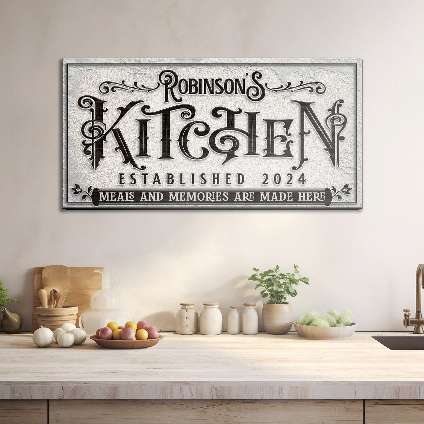 Kitchen Sign VI canvas by Tailored Canvases, ornate serif lettering with scroll accents on Tampa Home & Garden Store