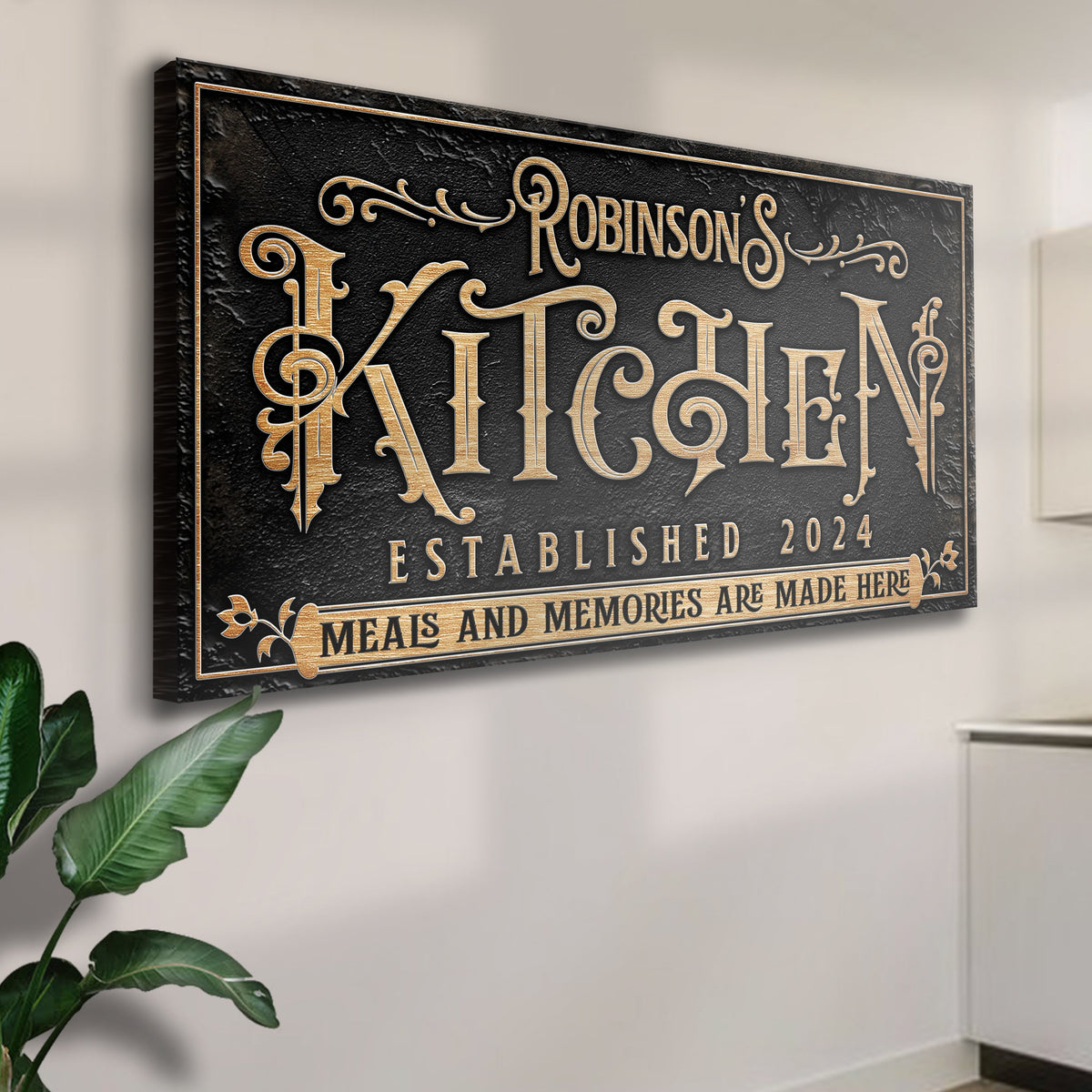 Kitchen Sign V crafting canvas with black textured background and gold ornate lettering on Tampa Home & Garden Store