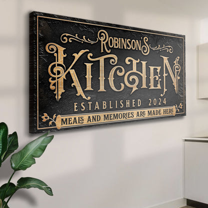 Kitchen Sign V crafting canvas with black textured background and gold ornate lettering on Tampa Home & Garden Store