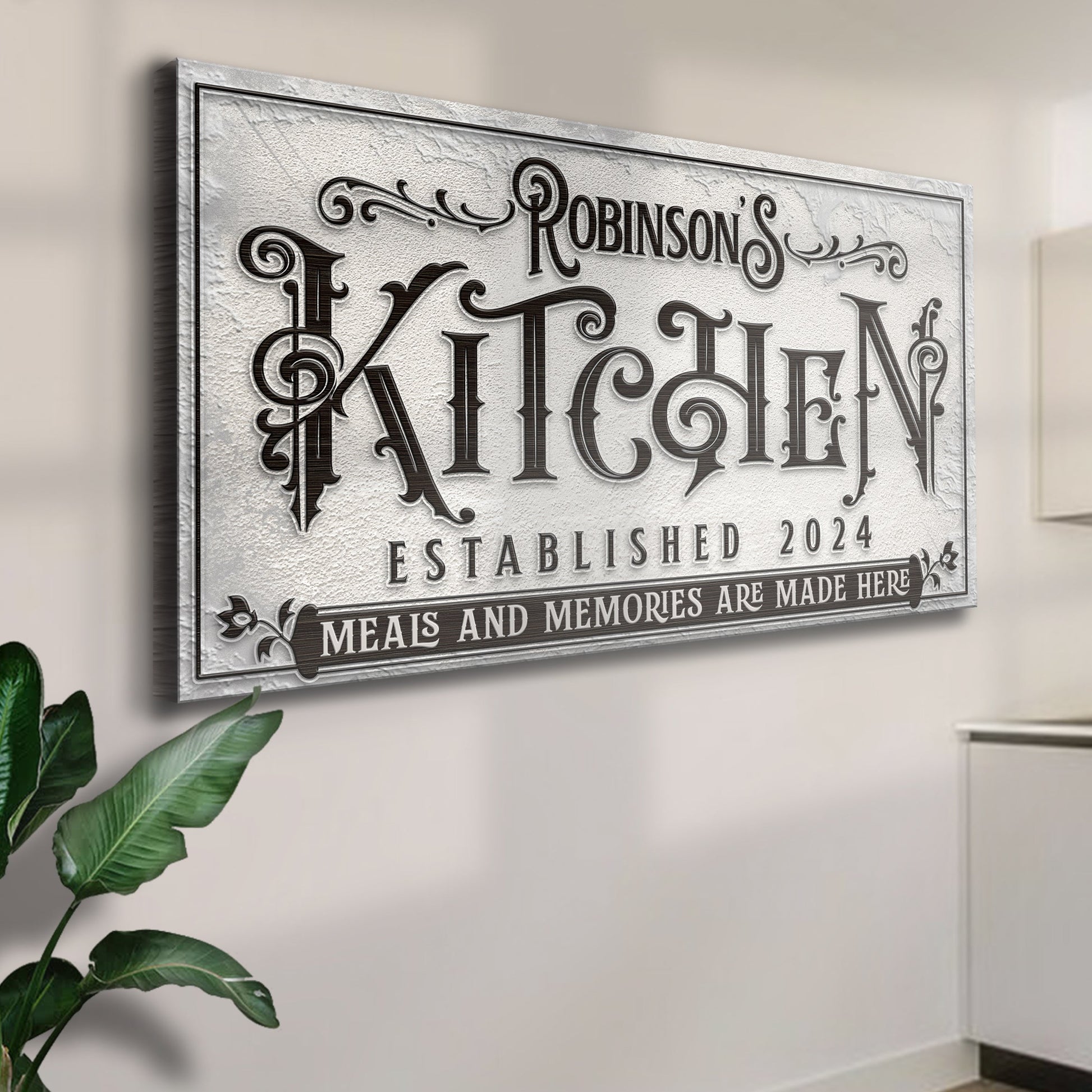 Kitchen Sign VI canvas wall art with ornate black lettering on textured metal Tailored Canvases on Tampa Home & Garden Store