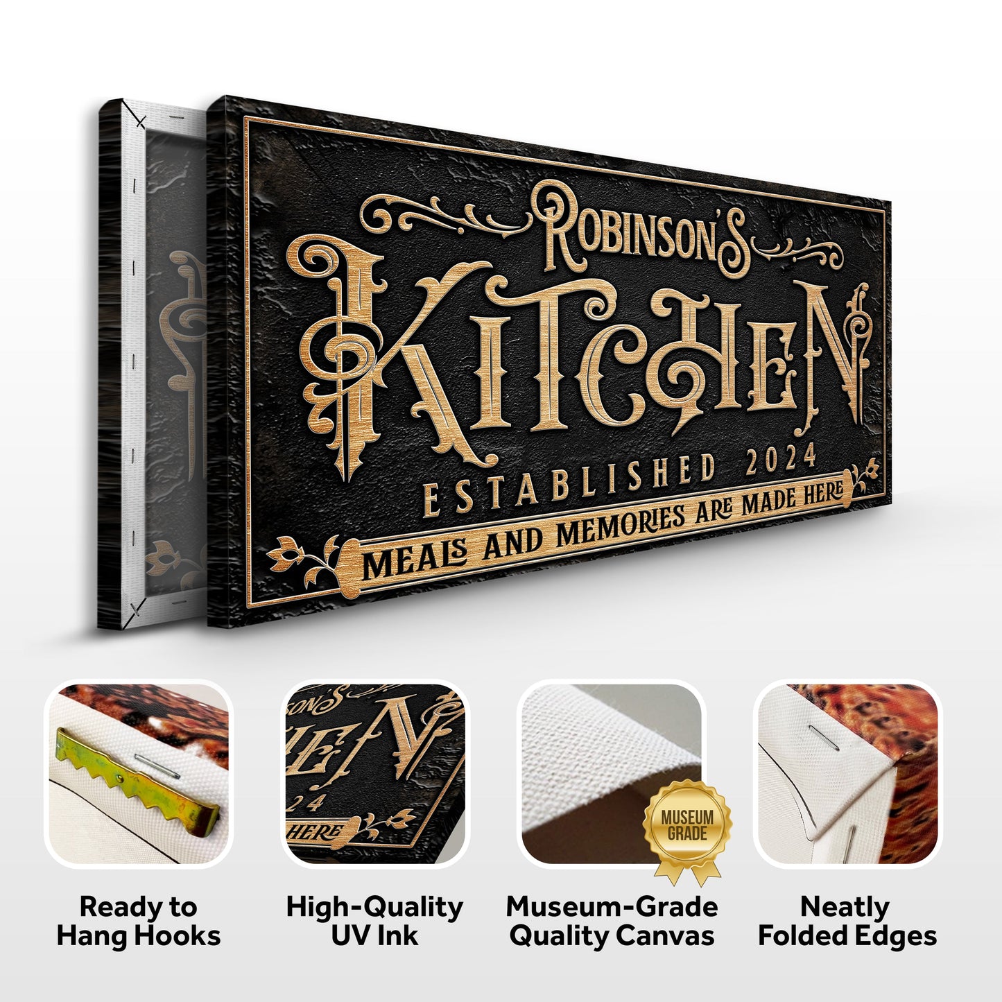 Kitchen Sign V canvas by Tailored Canvases, black textured background with gold ornate lettering on Tampa Home & Garden Store