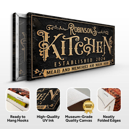 Kitchen Sign V canvas by Tailored Canvases, black textured background with gold ornate lettering on Tampa Home & Garden Store