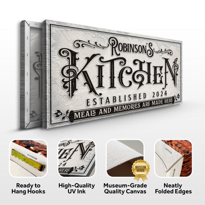 Kitchen Sign VI canvas by Tailored Canvases with beige backdrop and ornate black lettering on Tampa Home & Garden Store