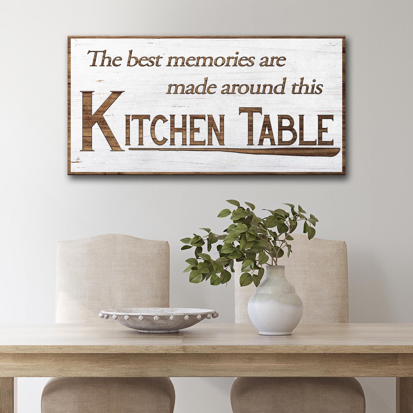 Kitchen Table wall art canvas with distressed white wood and brown text Tailored Canvases on Tampa Home & Garden Store