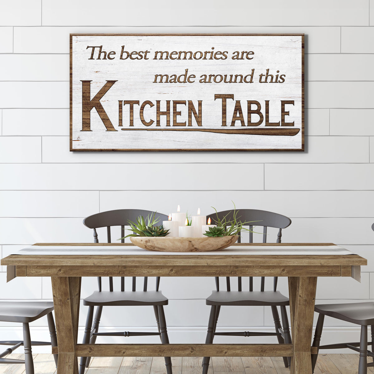 Kitchen Table Wall Art Canvas by Tailored Canvases in distressed white wood with brown frame on Tampa Home & Garden Store
