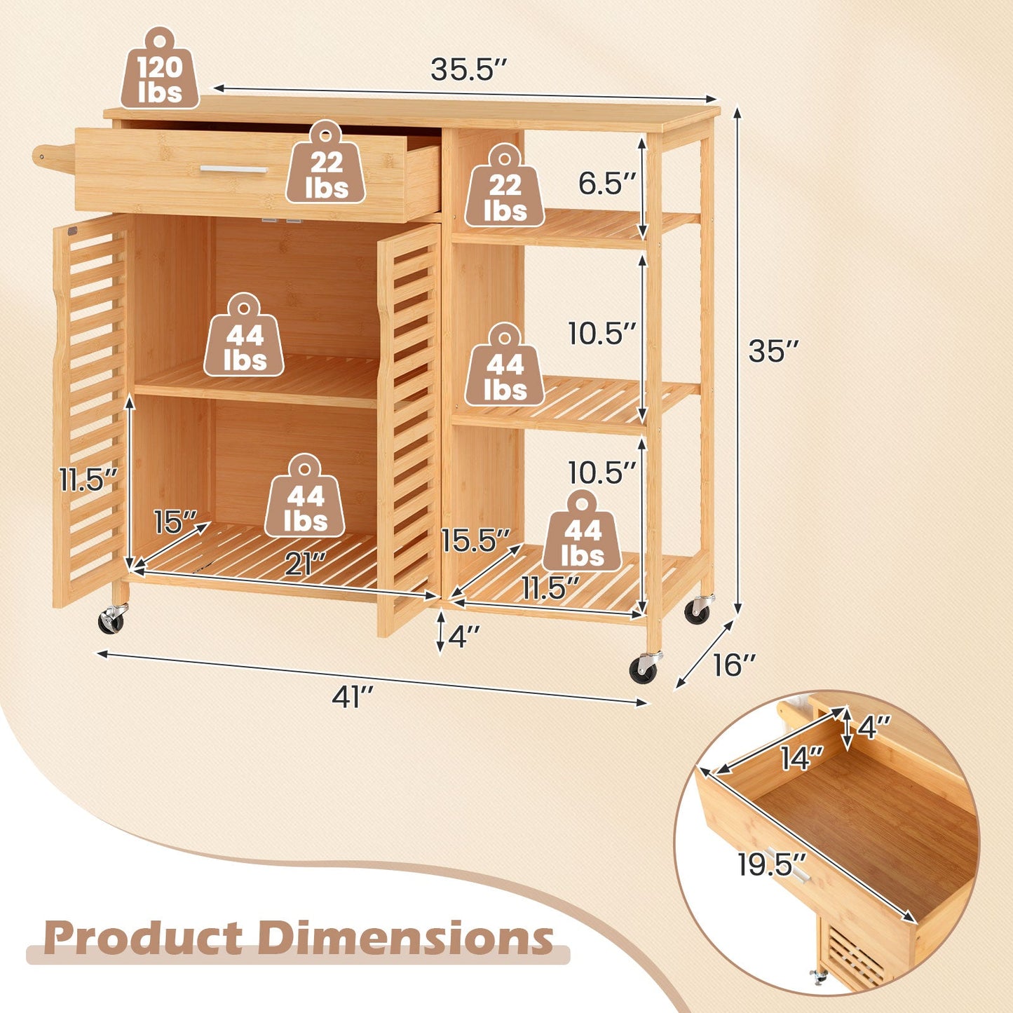 Carrito de cocina con ruedas y estructura resistente de bambú - Natural