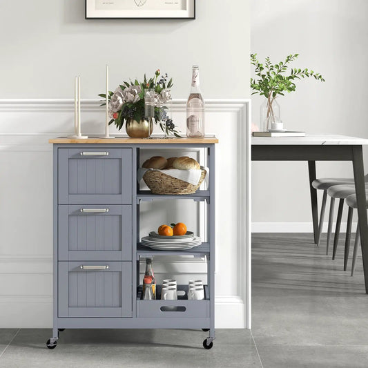 Kitchen island cart on wheels with wood top, blue-gray cabinet, open shelves and bread basket on Tampa Home & Garden Store