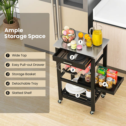 Kitchen Island Cart with Stainless Steel Tabletop and Basket