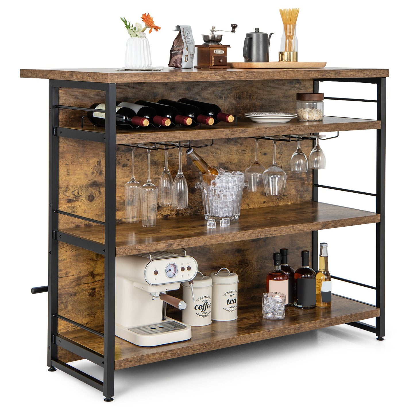 Kitchen Island with 4-Tier Storage Shelf and Long Footrest for Home-Black
