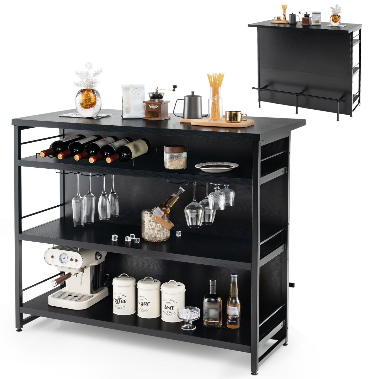 Kitchen Island with 4-Tier Storage Shelf and Long Footrest for Home-Black