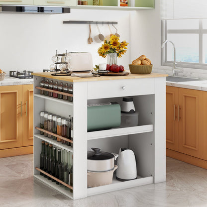 Isla de cocina moderna con encimera de madera de caucho y almacenamiento - Blanca