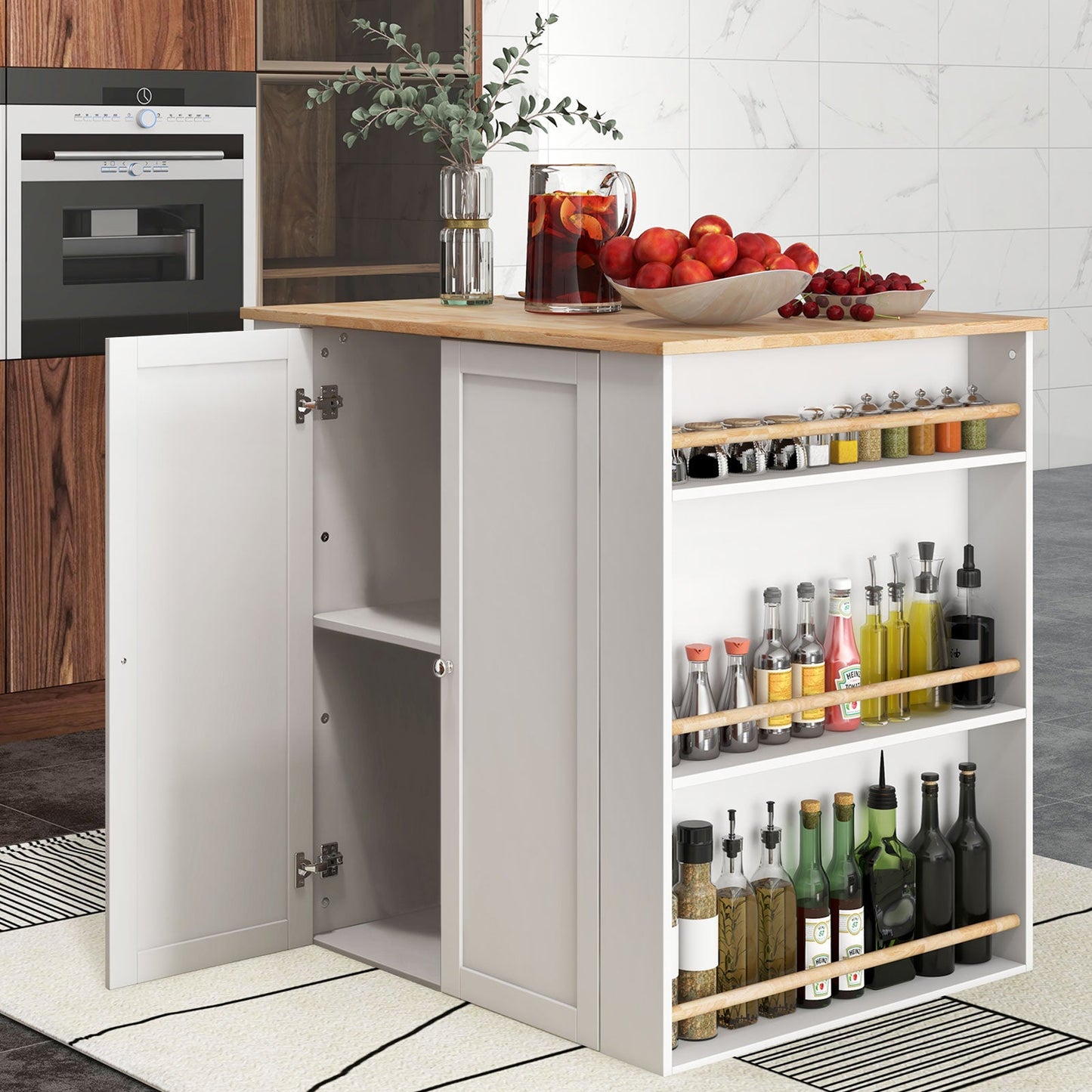 Isla de cocina moderna con encimera de madera de caucho y almacenamiento - Blanca