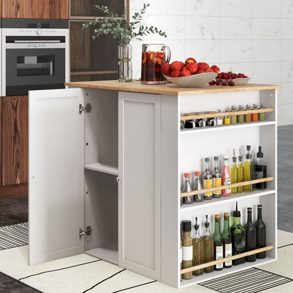 Isla de cocina moderna con encimera de madera de caucho y almacenamiento - Blanca
