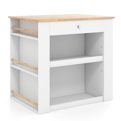 Isla de cocina moderna con encimera de madera de caucho y almacenamiento - Blanca