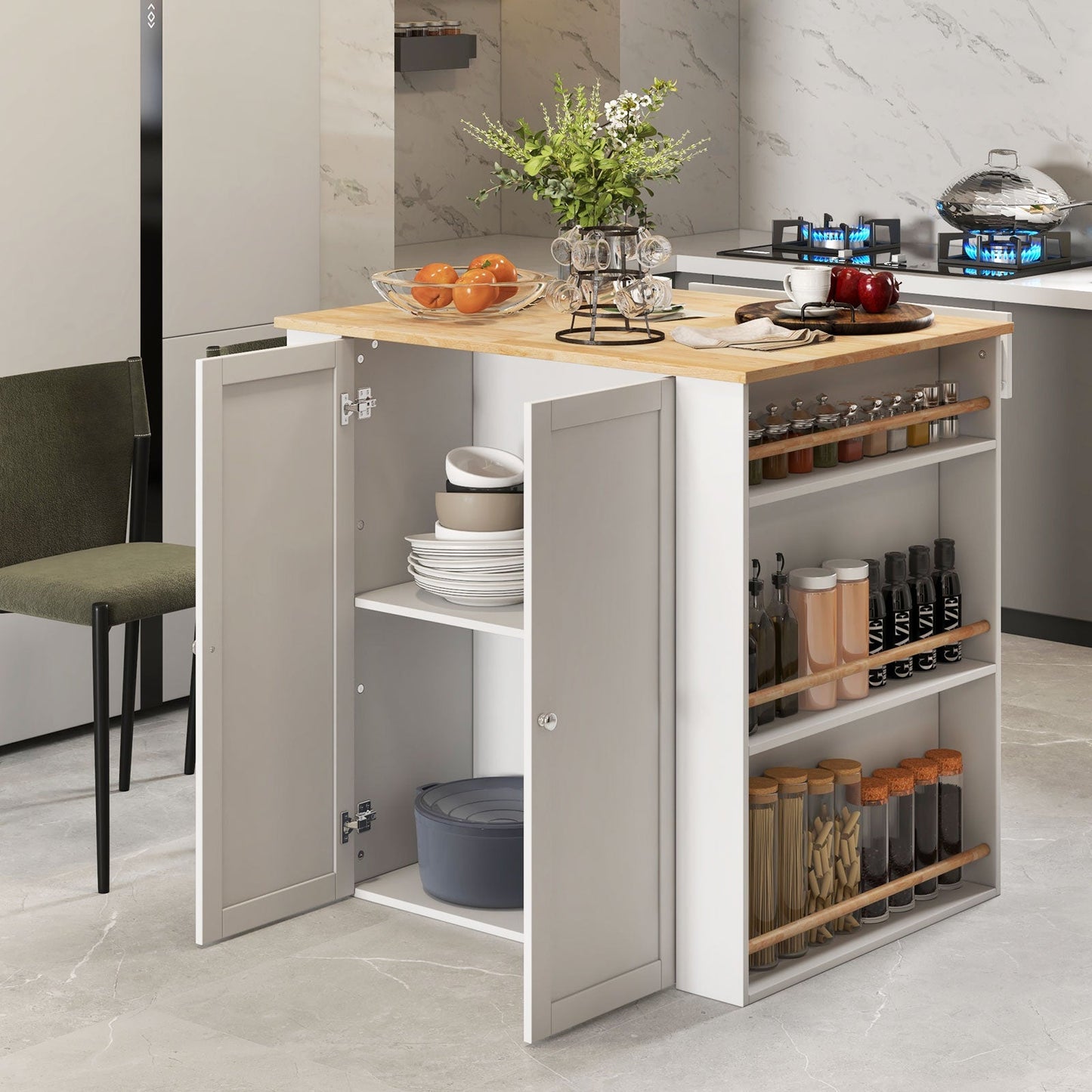 Isla de cocina moderna con encimera de madera de caucho y almacenamiento - Blanca