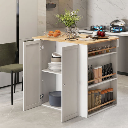 Isla de cocina moderna con encimera de madera de caucho y almacenamiento - Blanca