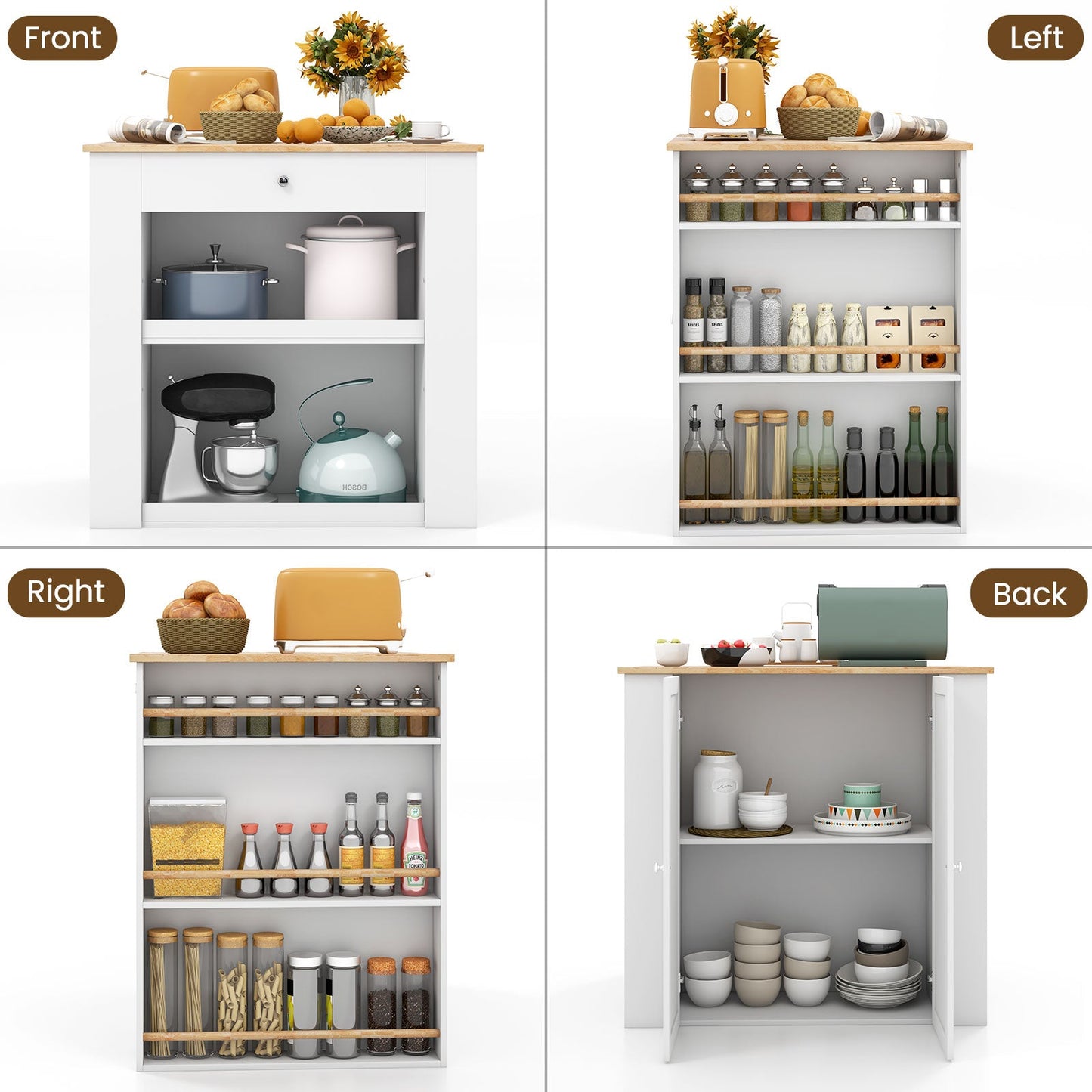 Isla de cocina moderna con encimera de madera de caucho y almacenamiento - Blanca