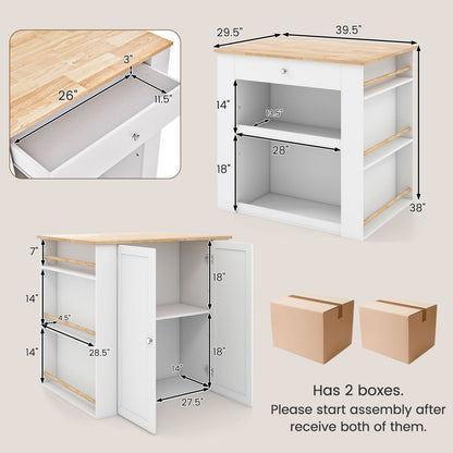 Isla de cocina moderna con encimera de madera de caucho y almacenamiento - Blanca
