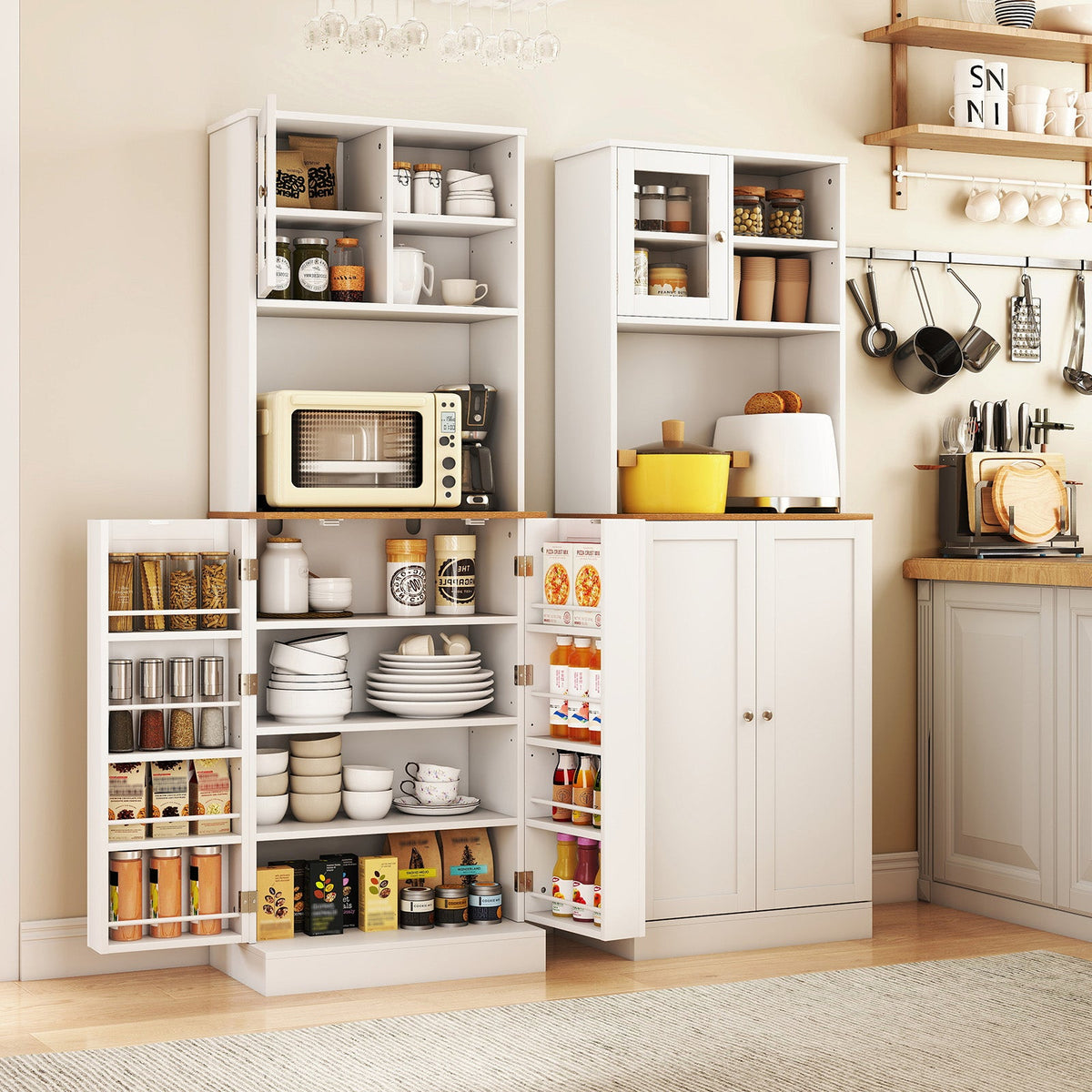 Kitchen pantry cabinet white 67-inch freestanding with microwave shelf DirectDeals, dual unit on Tampa Home & Garden Store