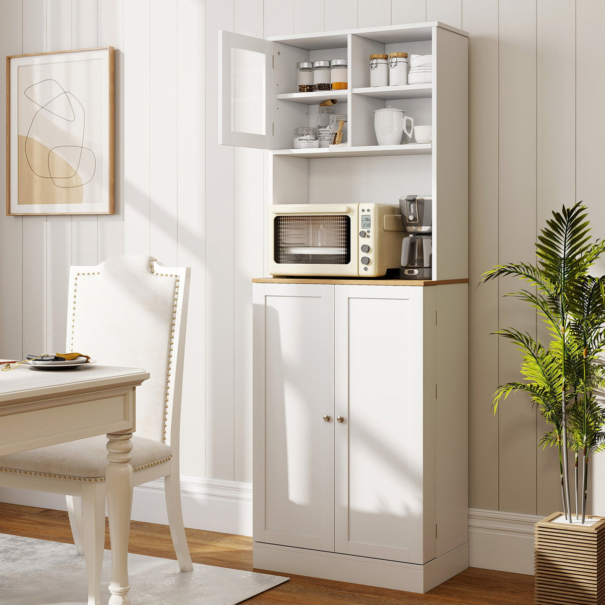 DirectDeals white 67in freestanding pantry cabinet with microwave shelf; open shelves with jars on Tampa Home & Garden Store