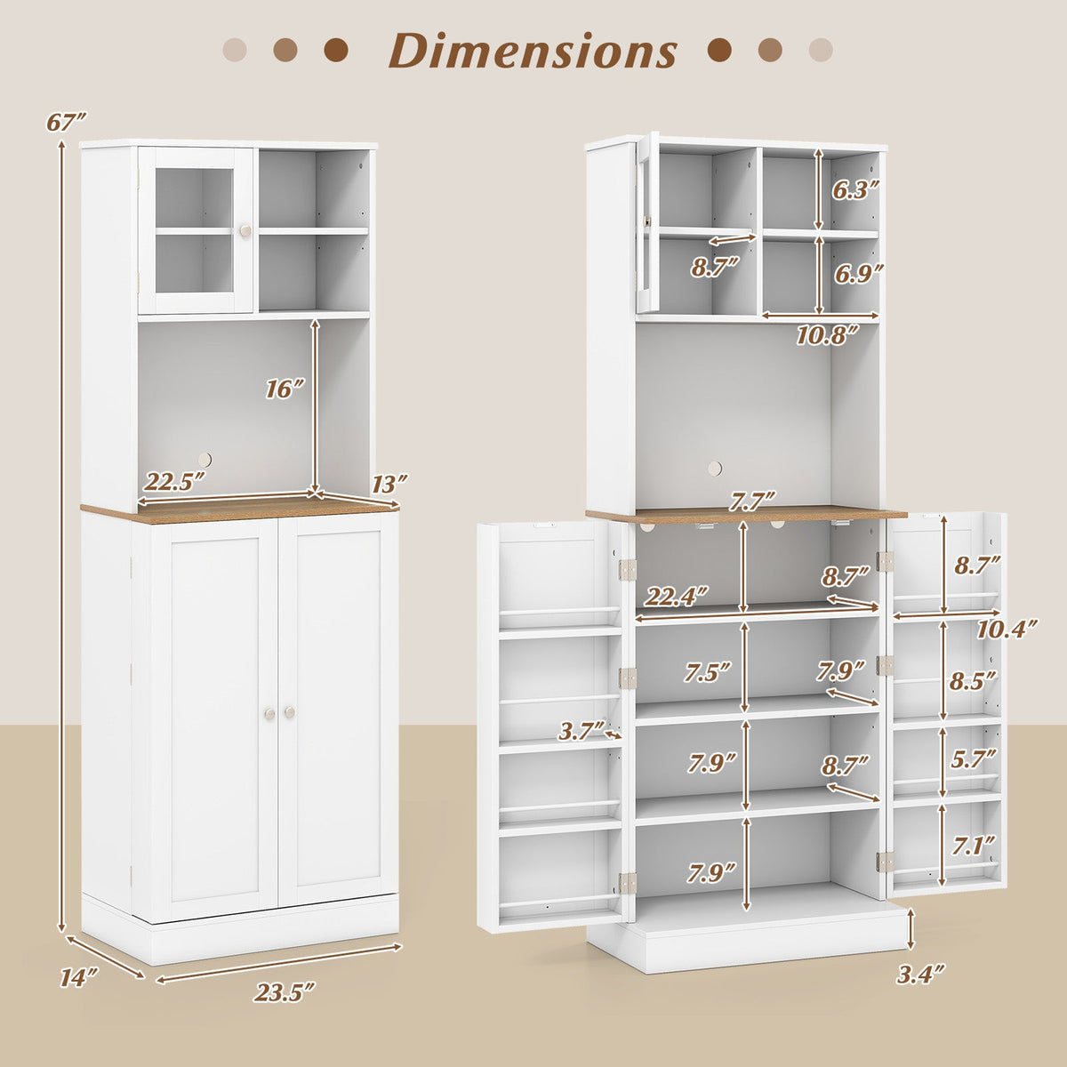 White 67-inch pantry cabinet with microwave shelf, upper glass-door storage DirectDeals on Tampa Home & Garden Store