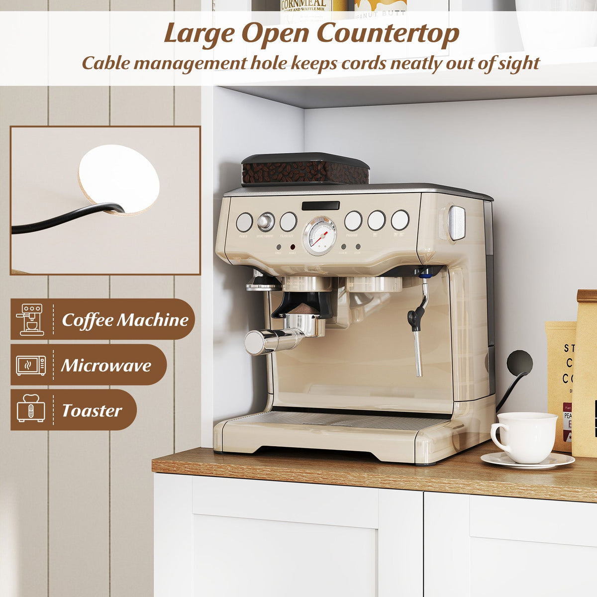 Kitchen Pantry Cabinet 67-inch freestanding white with microwave shelf, beige coffee machine on countertop on Tampa Home & Garden Store