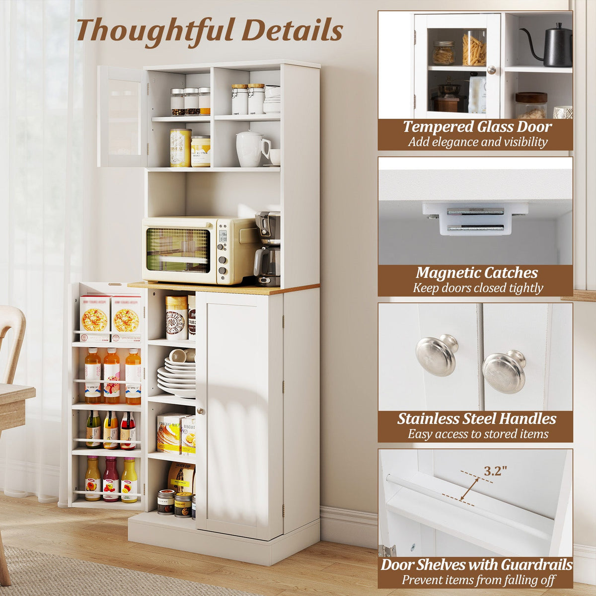 White Kitchen Pantry Cabinet 67in freestanding with microwave shelf and open shelves on Tampa Home & Garden Store