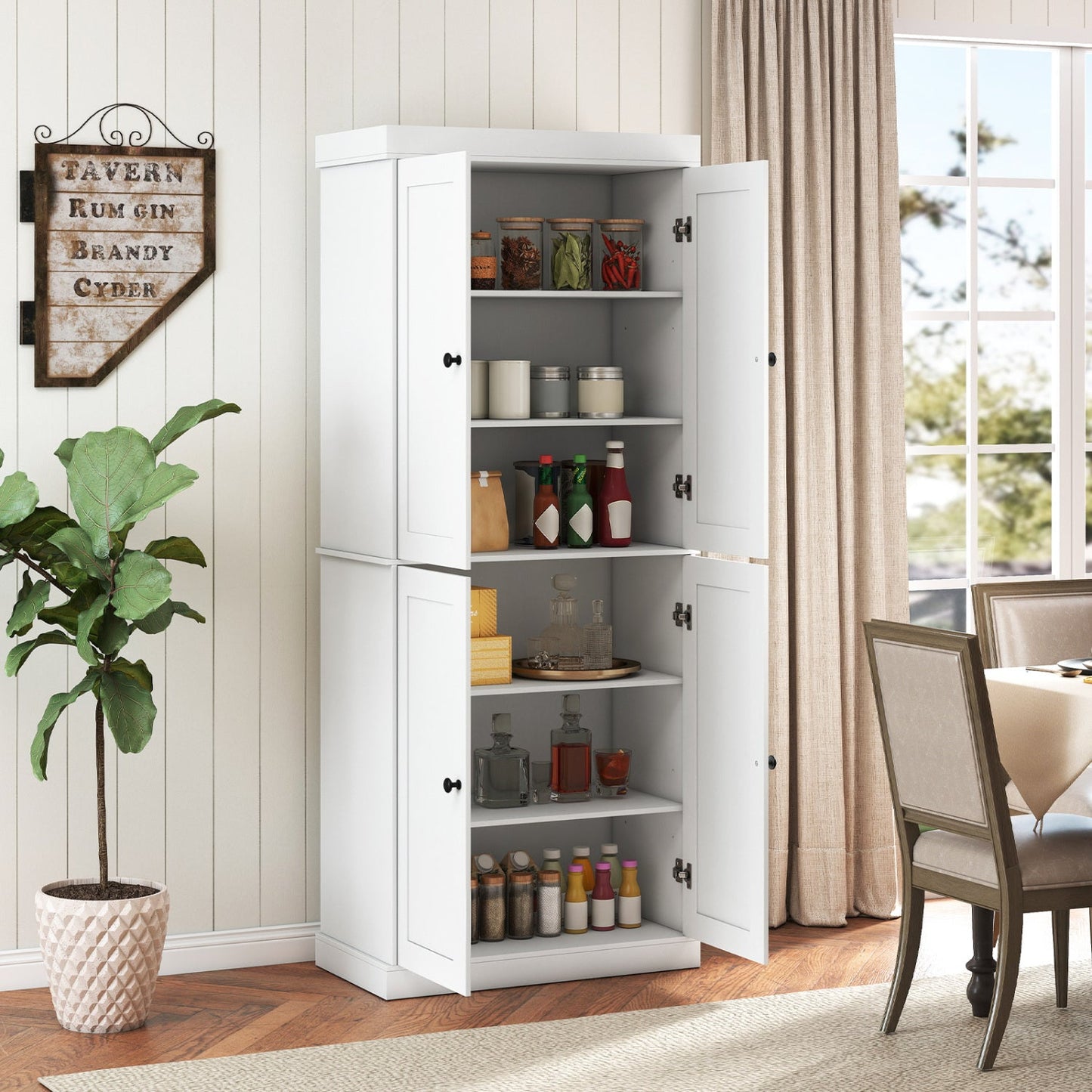 Pantry Cabinet by DirectDeals, white with 2 adjustable shelves, jars and bottles in living room on Tampa Home & Garden Store