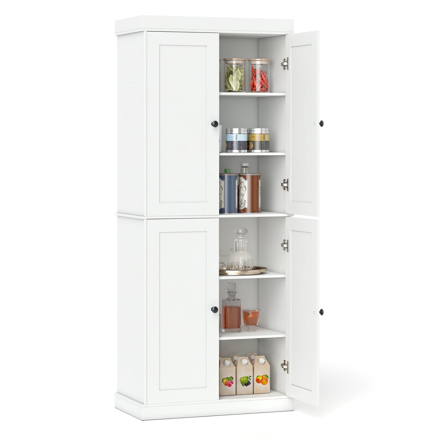 Pantry cabinet DirectDeals white with 2 adjustable shelves and anti-tip kit shown with jars on Tampa Home & Garden Store