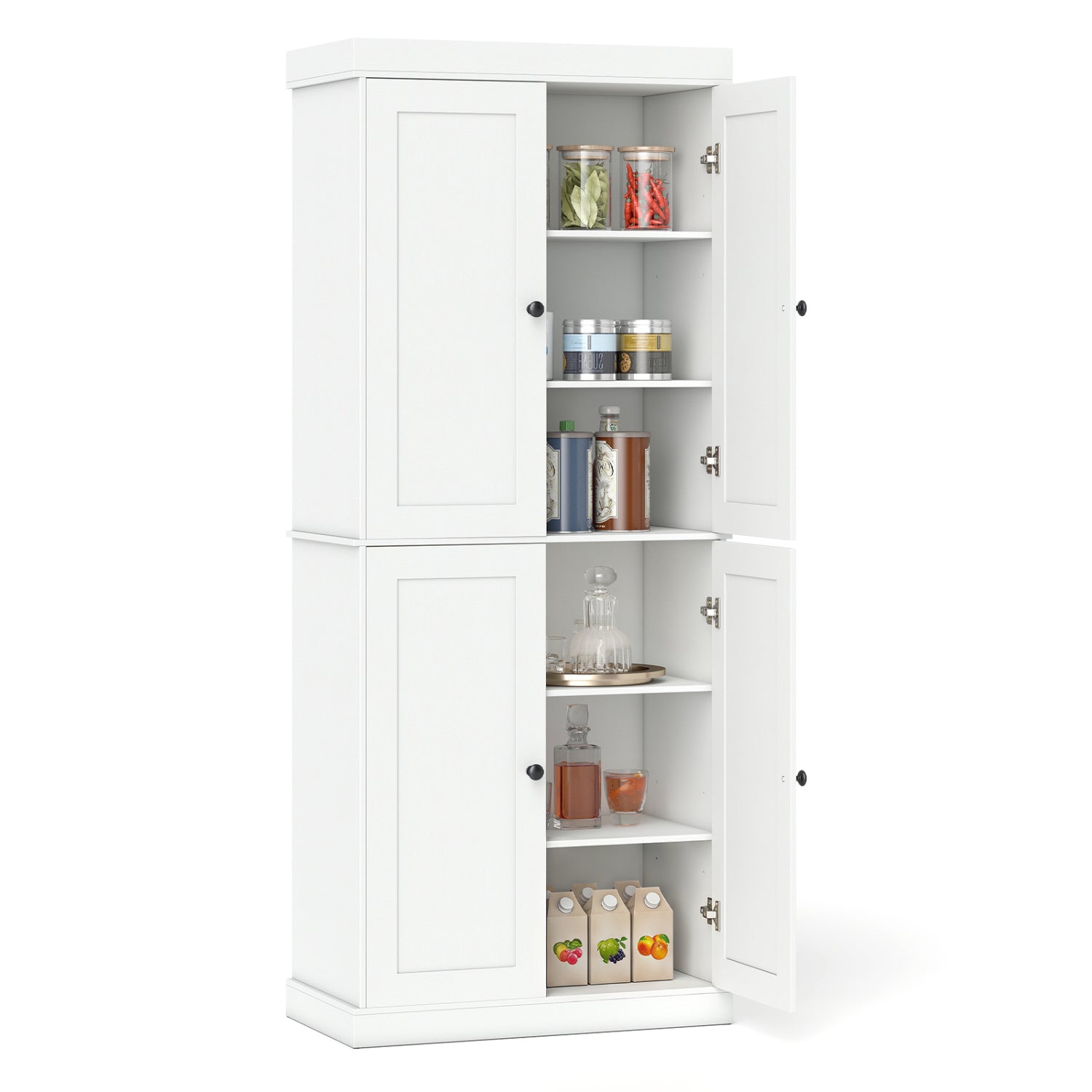 Pantry cabinet DirectDeals white with 2 adjustable shelves and anti-tip kit shown with jars on Tampa Home & Garden Store