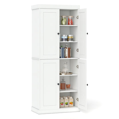 Pantry cabinet DirectDeals white with 2 adjustable shelves and anti-tip kit shown with jars on Tampa Home & Garden Store