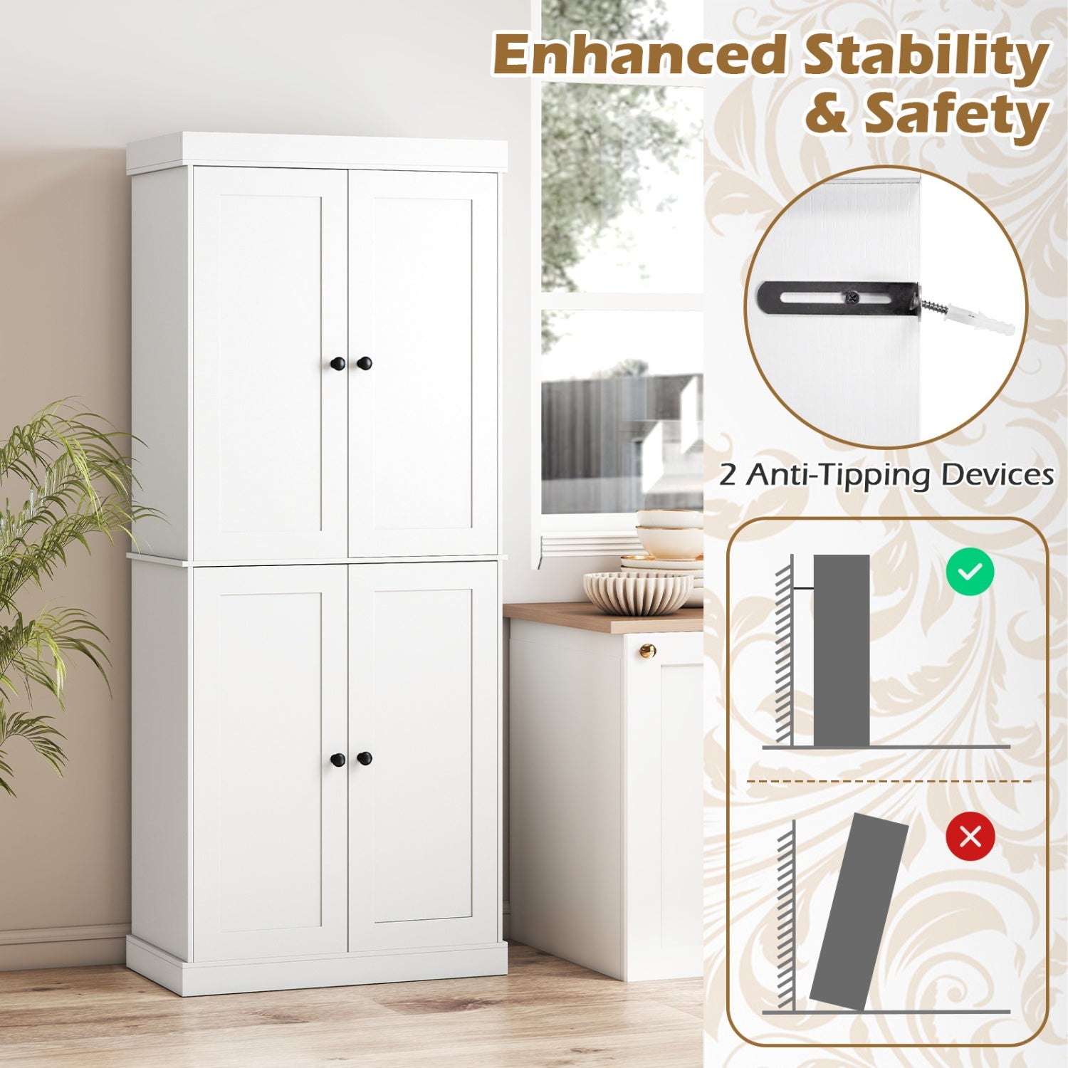 Kitchen Pantry Cabinet DirectDeals white finish with 2 adjustable shelves and 2 anti-tip kits on Tampa Home & Garden Store