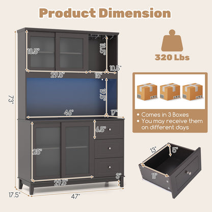 Kitchen Pantry Storage Cabinet Kitchen Hutch with LED lights and Power Outlet-Dark Brown