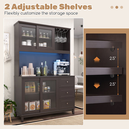 Kitchen Pantry Storage Cabinet Kitchen Hutch with LED lights and Power Outlet-Dark Brown