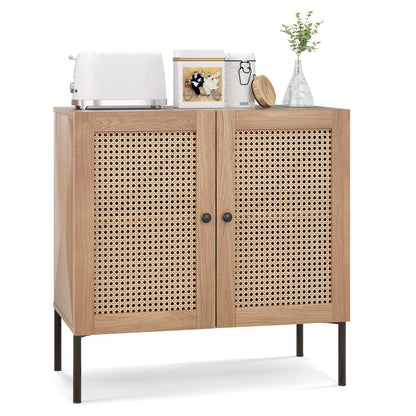 Kitchen Sideboard with 2 Rattan Doors and Adjustable Shelf-Walnut