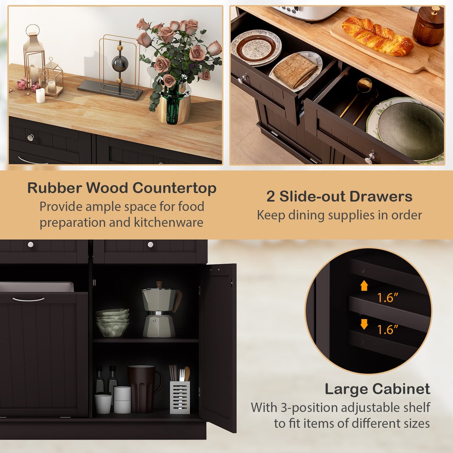 Kitchen Tilt Out Trash Cabinet with 2 Drawers and Adjustable Shelf