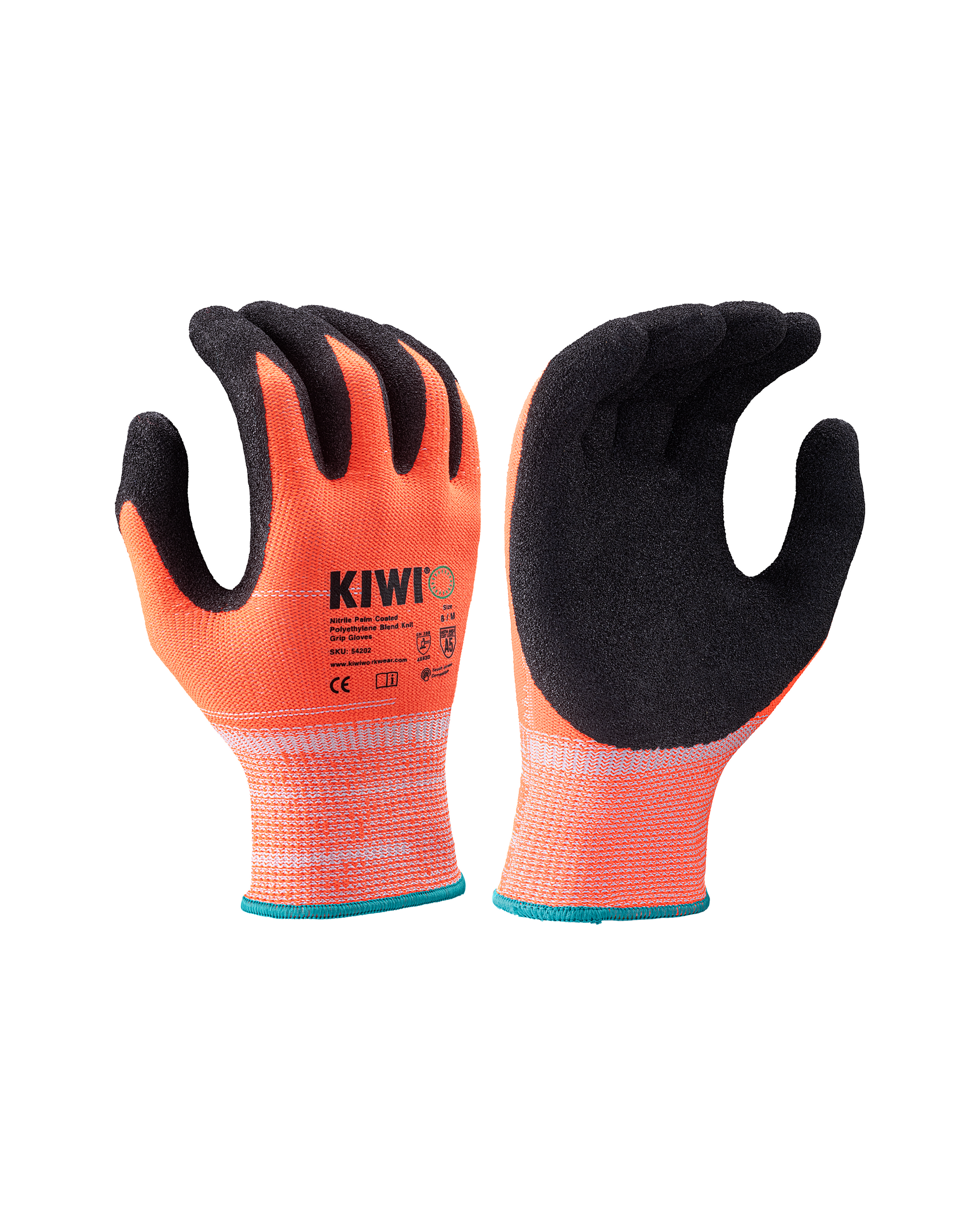 Kiwi A5 Cut Resistant Nitrile Palm Coated Polyethylene Blend Knit Orange Grip Gloves [R55200] - Tampa Home & Garden Store