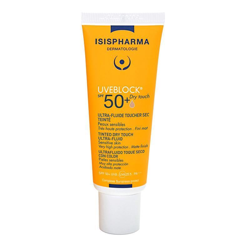 Tinted sunscreen Isispharma UVEBLOCK SPF 50+ orange dry touch matte for oily skin on Tampa Home & Garden Store