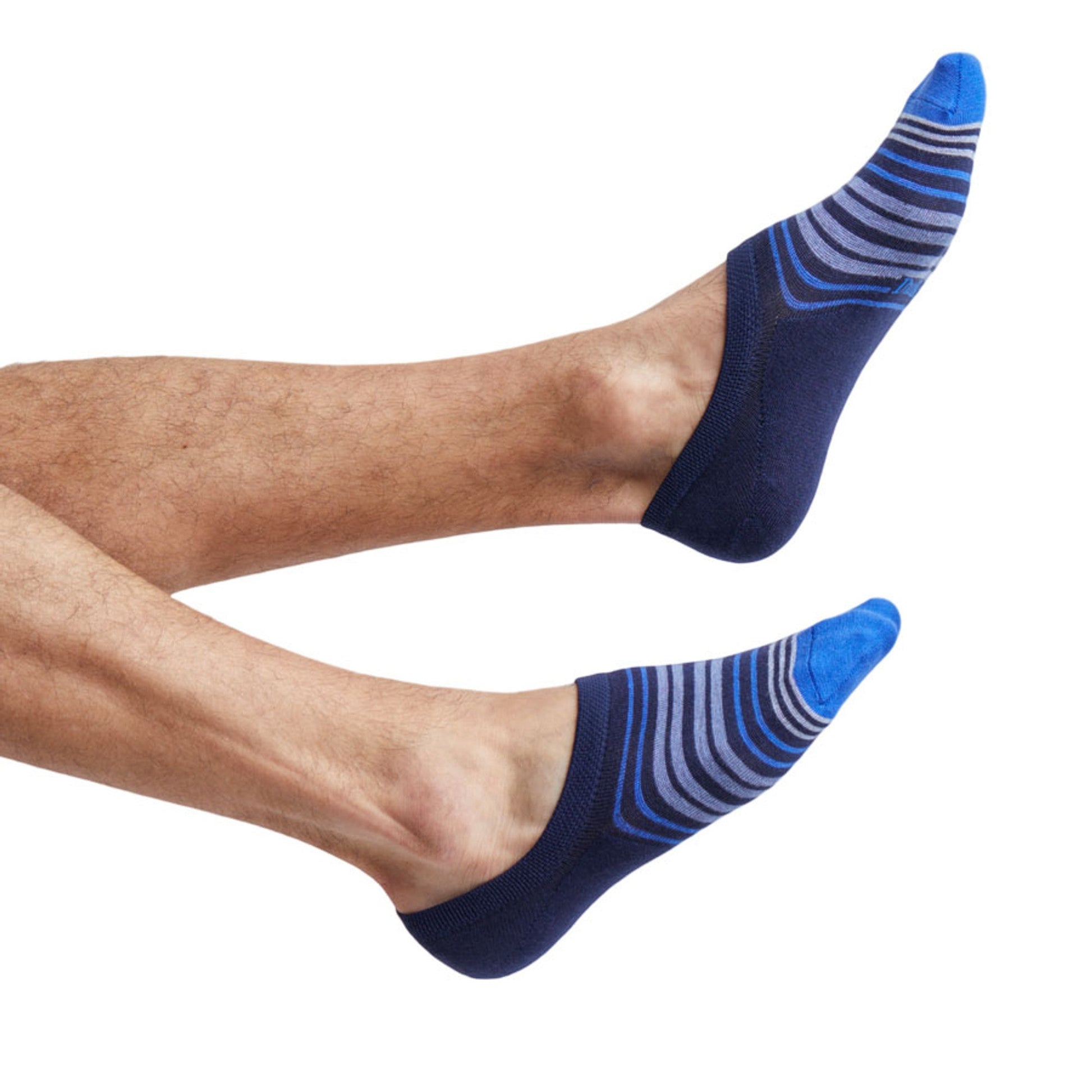 Kline No Show sock by DeadSoxy, blue striped footie sock on leg on Tampa Home & Garden Store