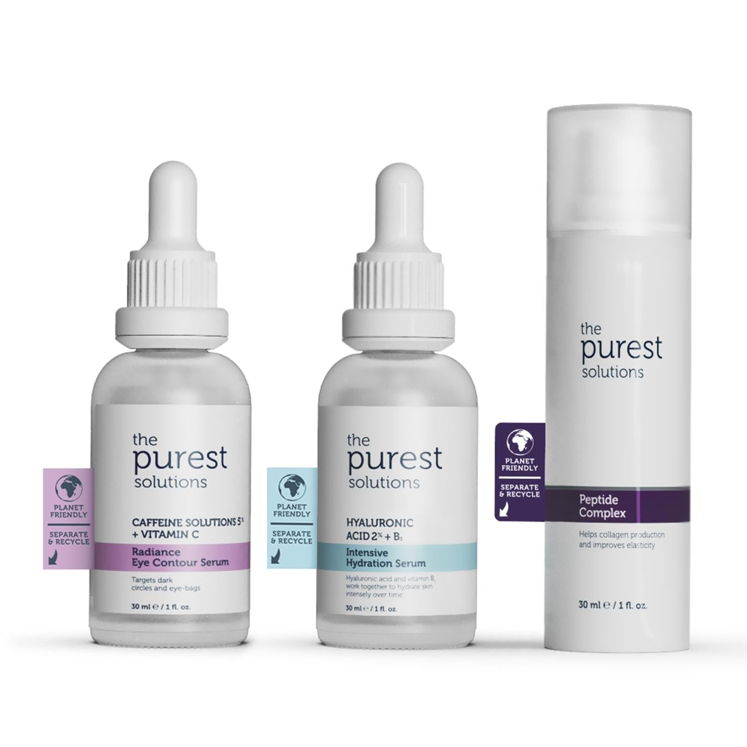The Purest Solutions skincare set with intensive hydration; 2 white droppers + tall bottle on Tampa Home & Garden Store