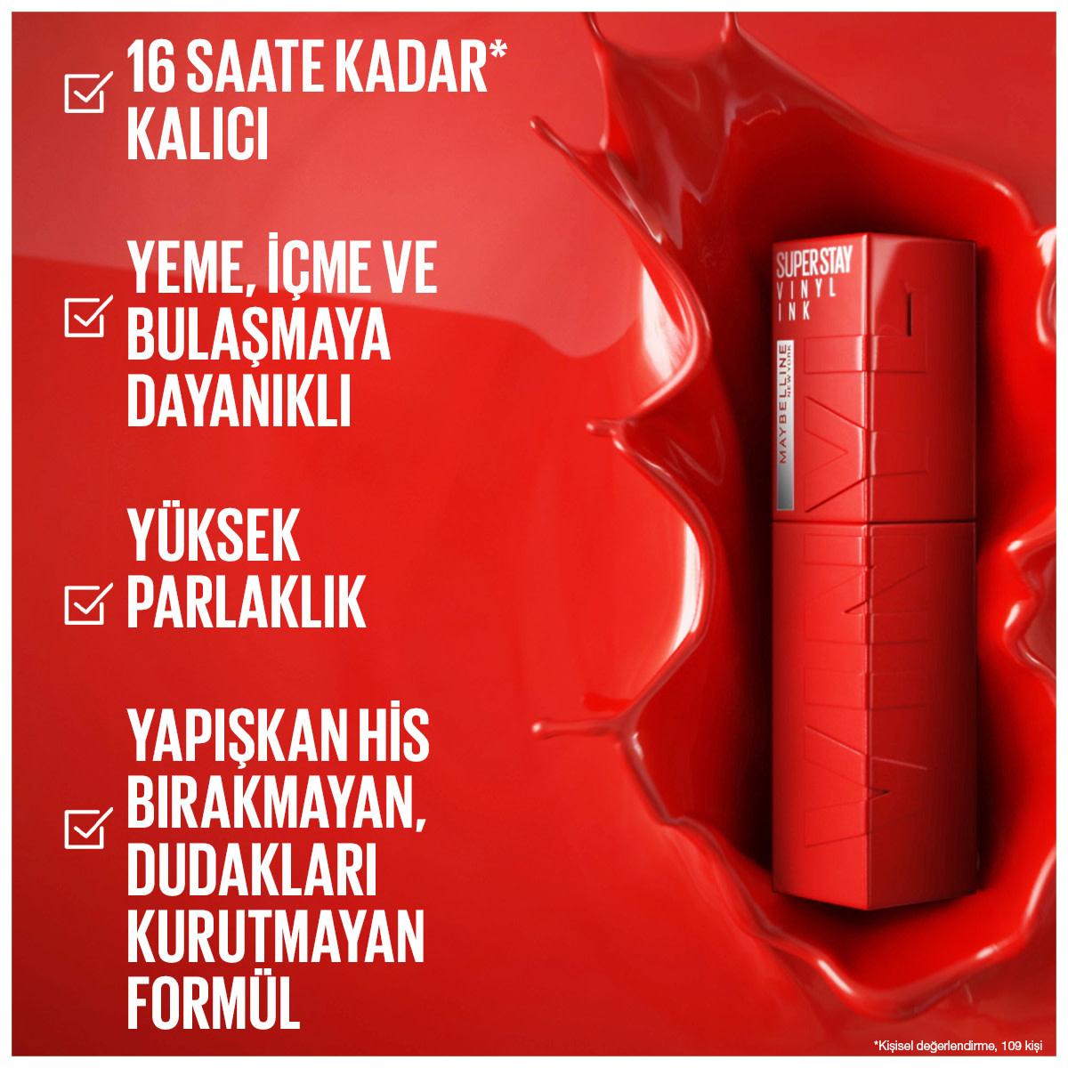Maybelline New York Super Stay Vinyl Ink lipstick Wicked in red tube with high shine on Tampa Home & Garden Store