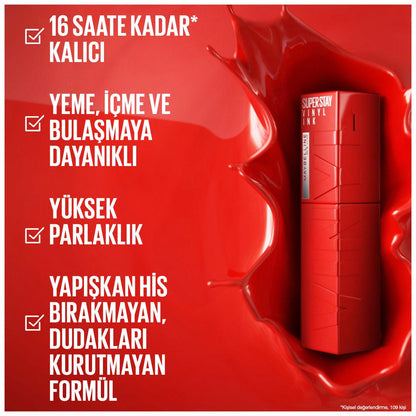 Maybelline New York Super Stay Vinyl Ink lipstick Wicked in red tube with high shine on Tampa Home & Garden Store