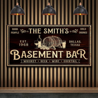Personalized basement bar sign canvas with vintage beige lettering on dark wood paneling on Tampa Home & Garden Store