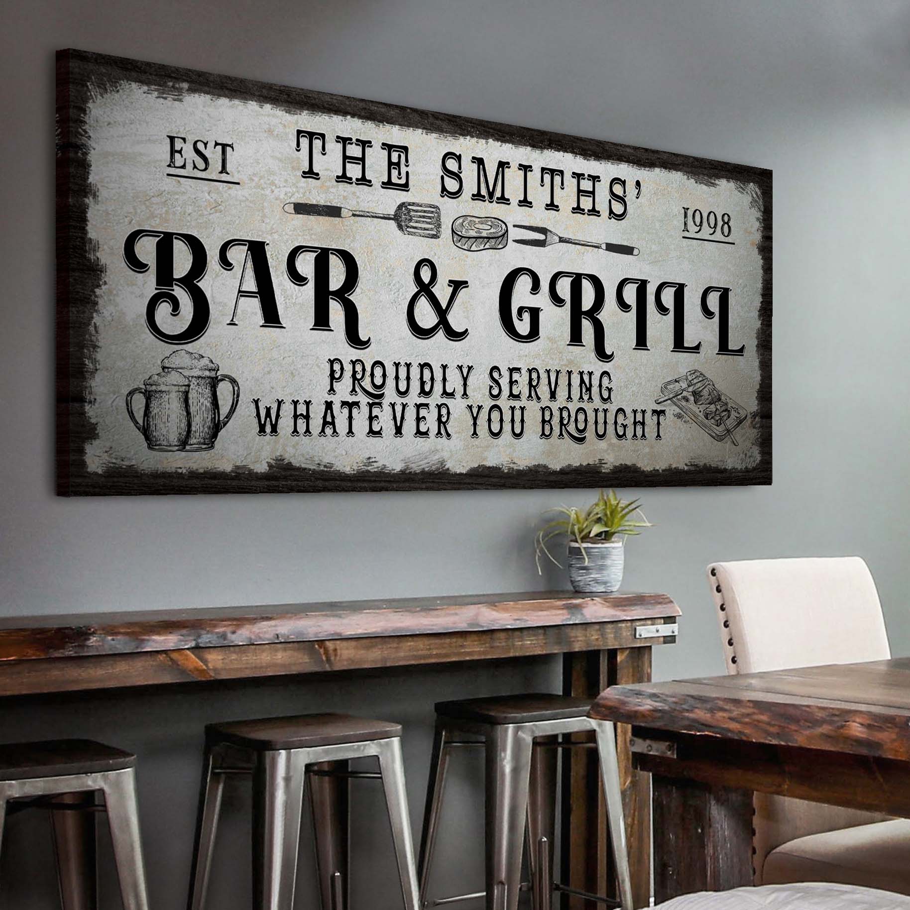 Personalized Bar & Grill Sign canvas with vintage typography Tailored Canvases on Tampa Home & Garden Store
