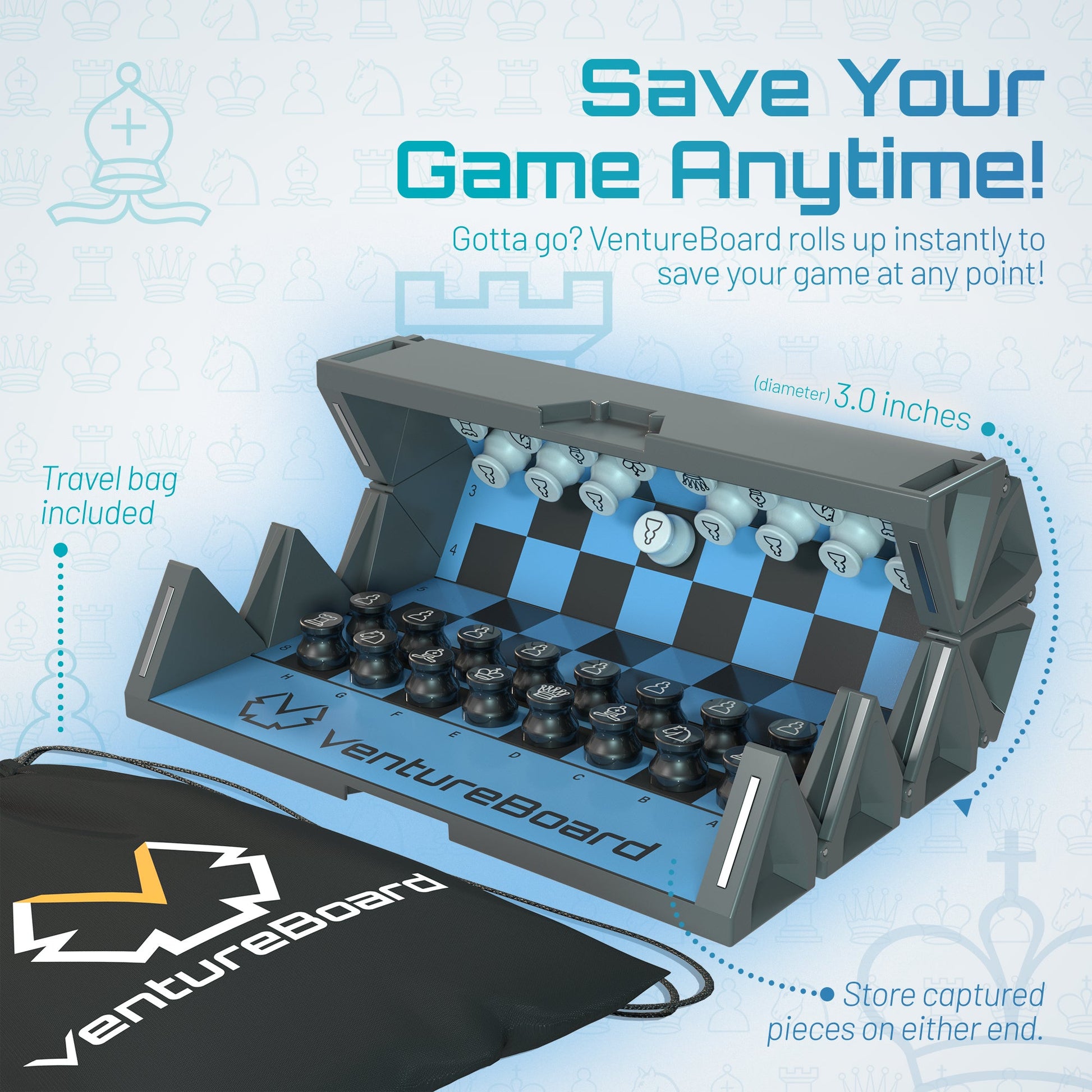 Mini Chess Skye portable chess set by VentureBoard in gray case; travel bag included on Tampa Home & Garden Store