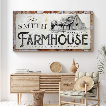 Rustic Horse Farmhouse Sign canvas by Tailored Canvases, distressed white with horse and barn on Tampa Home & Garden Store