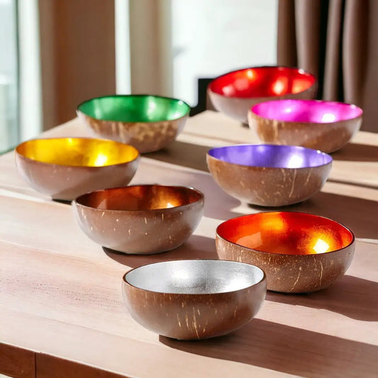 Coconut Rainbow Bowls by Gia Roma set with metallic rainbow interiors in gold, green, purple on Tampa Home & Garden Store